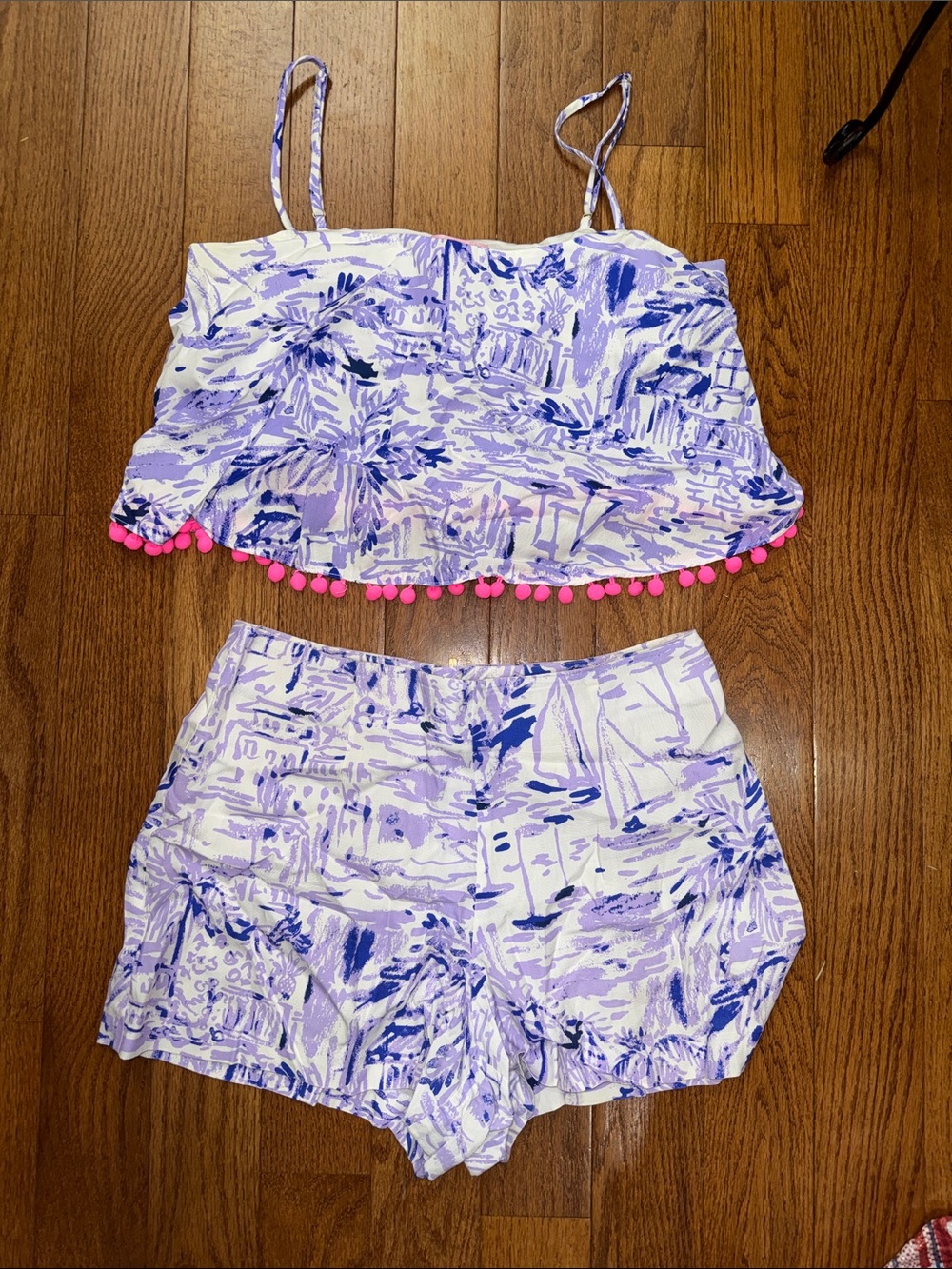 Lilly Pulitzer Lavender & Blue Printed Pom-Pom Trim Shorts Set